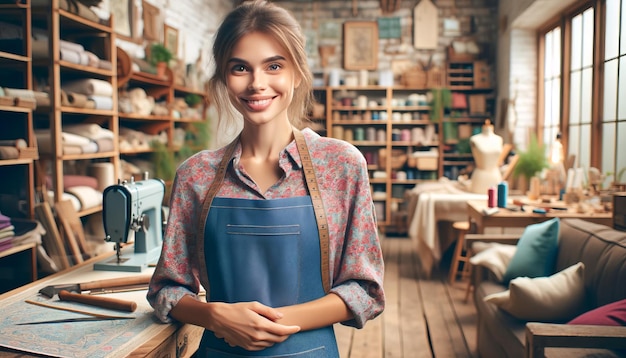 A confident woman wearing a leather apron stands in a wellorganized workshop filled with tools and materials