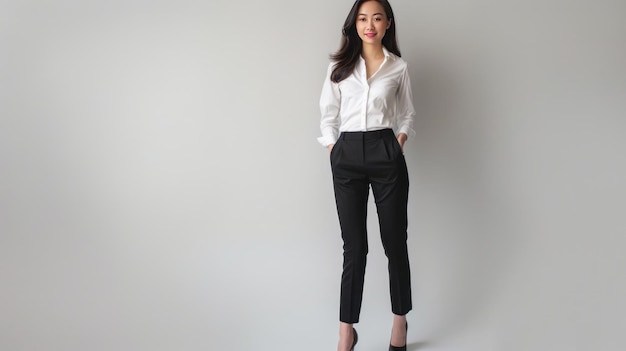 Confident Woman in White Shirt and Black Pants