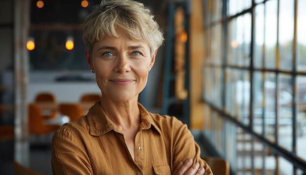 Confident Woman with Arms Crossed Smiling at Camera in Relaxed Pose SelfAssured and Happy