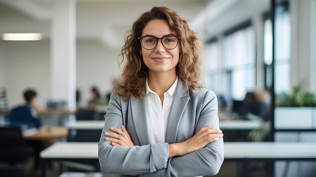 A confident woman with arms crossed standing tall and proud confident woman arms crossed standing tall