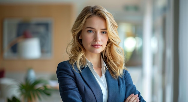 Confident Woman With Blonde Hair Standing in Office Setting