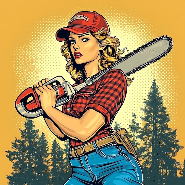 Photo a confident woman with a chainsaw in a forest setting wearing a red cap and flannel shirt perfect for a retro vintage or grunge design