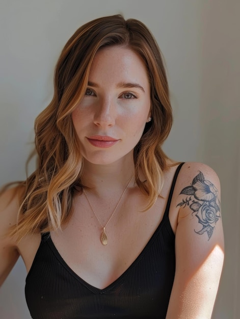 Confident Woman with Floral Tattoo Posing Indoors