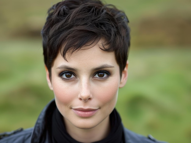 Confident woman with short dark hair looking at camera