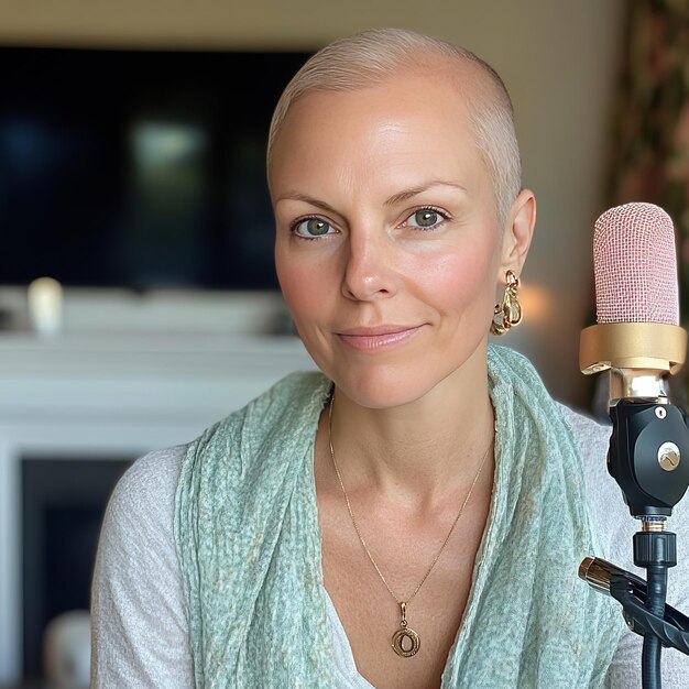 Confident woman with short hair wearing a necklace and a scarf looks directly at the camera in front of a microphone