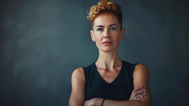 Photo confident woman with short red hair and piercing blue eyes looking at the camera with her arms crossed