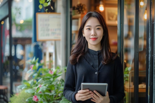 Confident Woman with Tablet Outside Caf Modern Entrepreneur and Urban Business Lifestyle