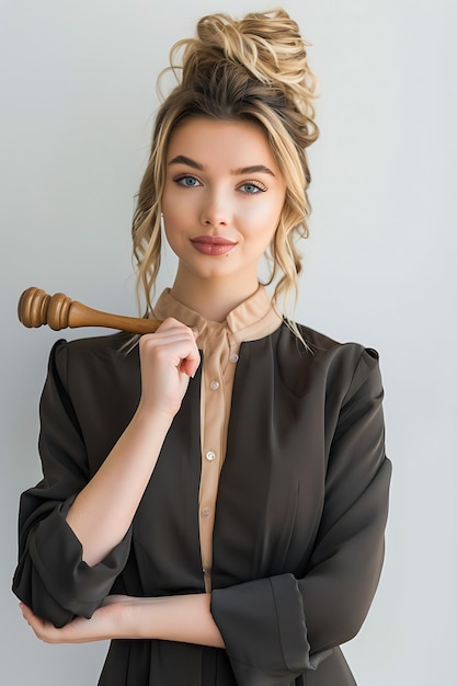 Confident Woman with a Wooden Gavel