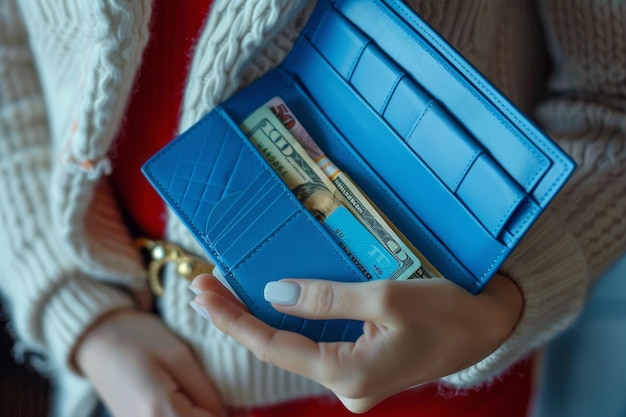 Confident womans hands with cashfilled wallet symbolize financial success and empowerment