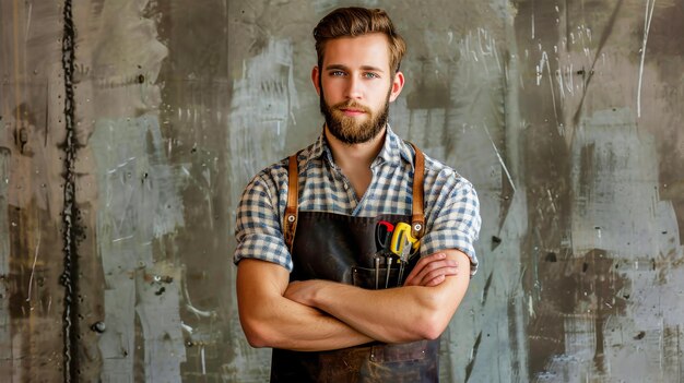 Photo a confident worker stands with arms crossed wearing an apron and a plaid shirt against a textured concrete wall background