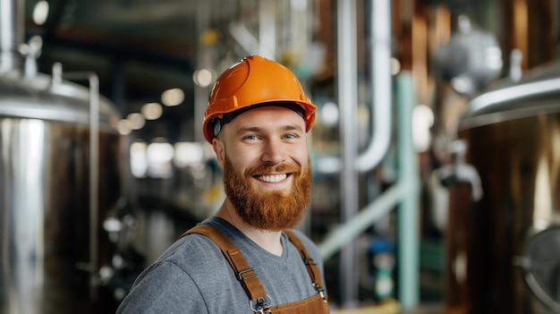 A confident worker with a red beard and orange helmet stands in an industrial environment surrounded by large metallic tanks and equipment showcasing a friendly demeanor