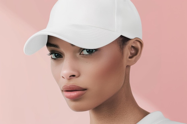 Photo confident young african american woman in stylish white cap on pink background