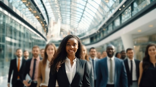 Confident young black business lady leading diverse business team in modern office building