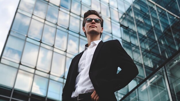 Confident young businessman in black suit and sunglasses in front of modern glass building