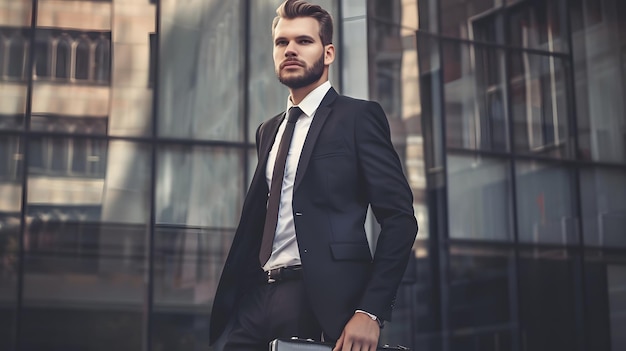 Confident young businessman in a black suit walking with a briefcase in an urban environment