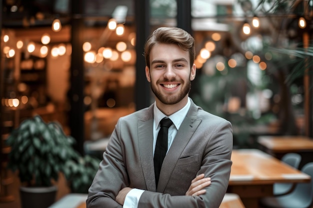 Confident young businessman at cafe