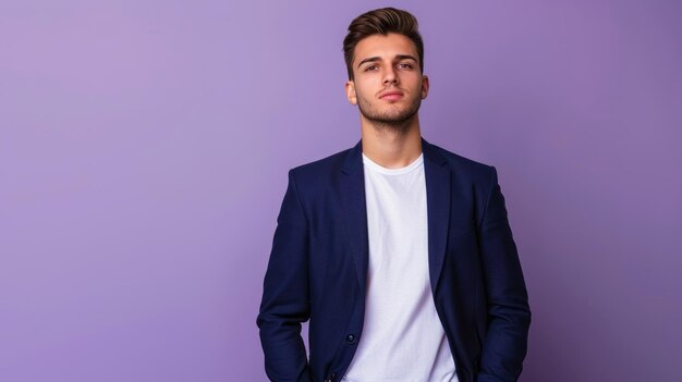 Photo confident young businessman in casual attire posing against purple background