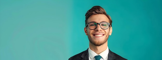 Confident Young Businessman Smiling in Professional Portrait on Vibrant Background