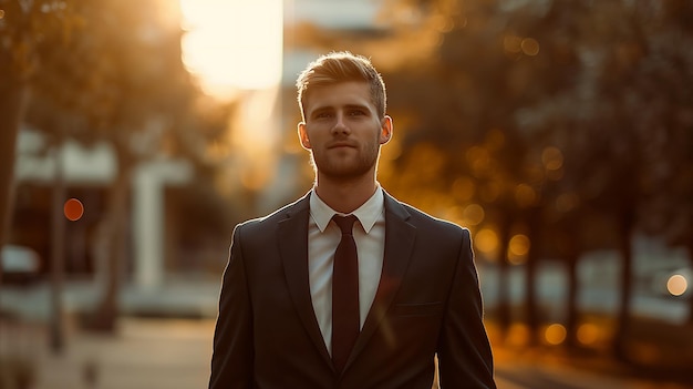 Confident Young Businessman in Stylish Suit Exuding Strength and Pride