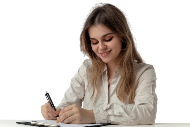 Confident young businesswoman signing contract document on clipboard