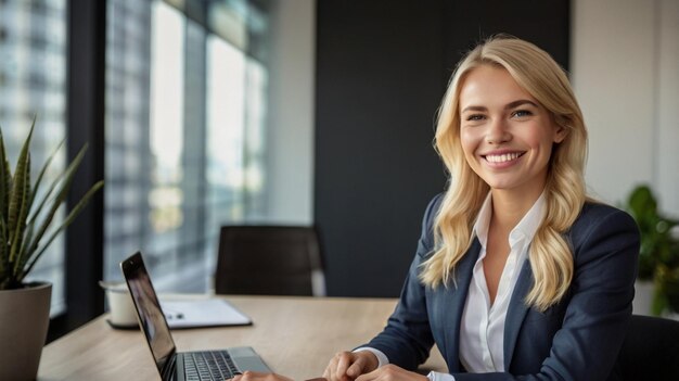 Photo confident young businesswoman smiling in modern office generative ai