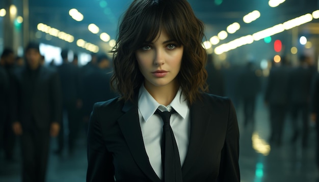 A confident young businesswoman in a suit looking at camera generated by artificial intellingence