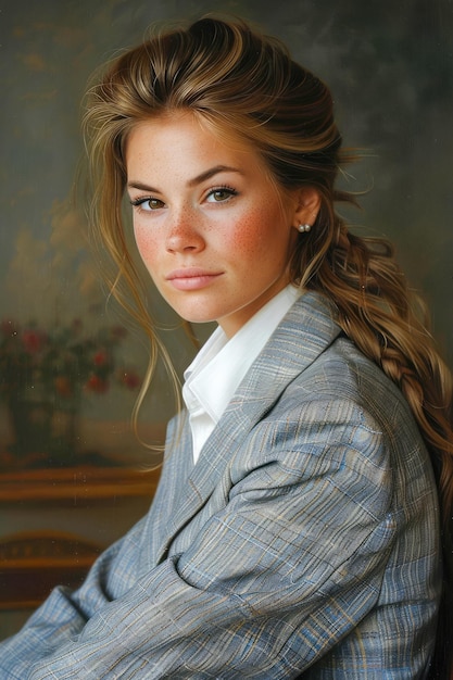 Confident Young Businesswoman with Elegant Braided Hairstyle Posing in a Stylish Plaid Suit