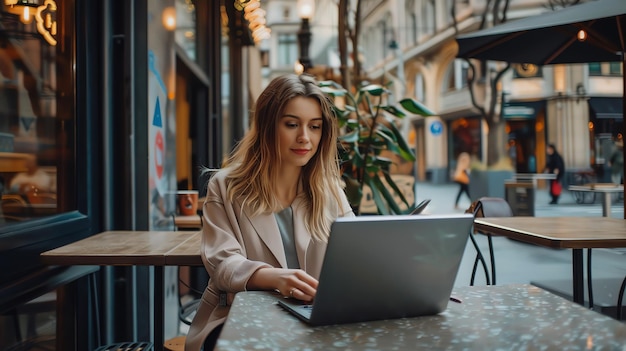 Confident young businesswoman working on laptop in outdoor cafe