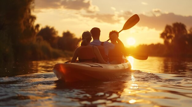 Confident young Caucasian couple kayaking on a river together with a sunset in the background