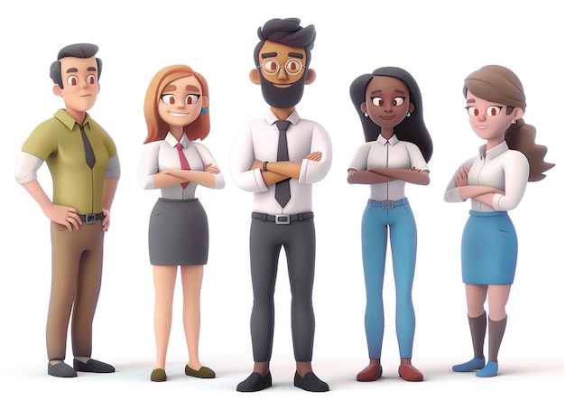 Confident young employees white background 3D cartoon animation diverse poses