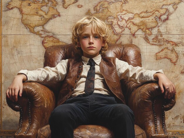 Photo confident young explorer seated in front of vintage world map