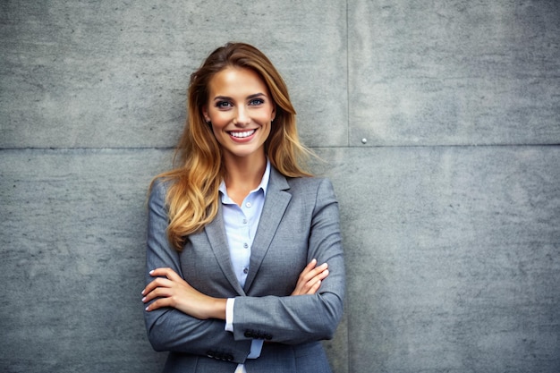 Photo confident young female executive posing against grey wall background