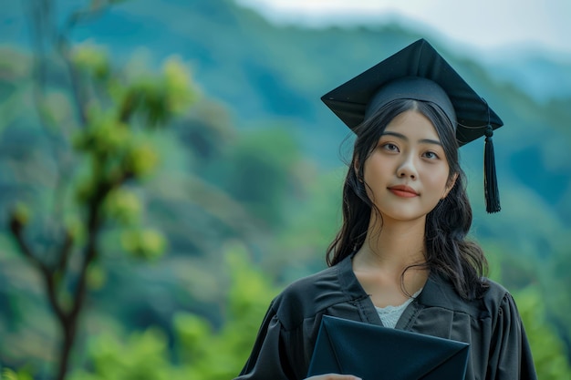 Confident Young Female Graduate in Cap and Gown Holding Diploma Outdoors with Nature Background