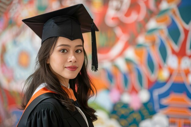 Confident Young Female Graduate in Cap and Gown Smiling with Colorful Art Mural Background