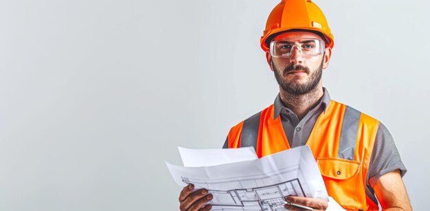 Photo confident young male engineer with beard wearing orange safety gear and holding architectural plans