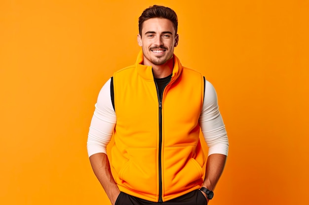 Photo confident young male in orange vest happy caucasian man 20s walking and smiling on yellow