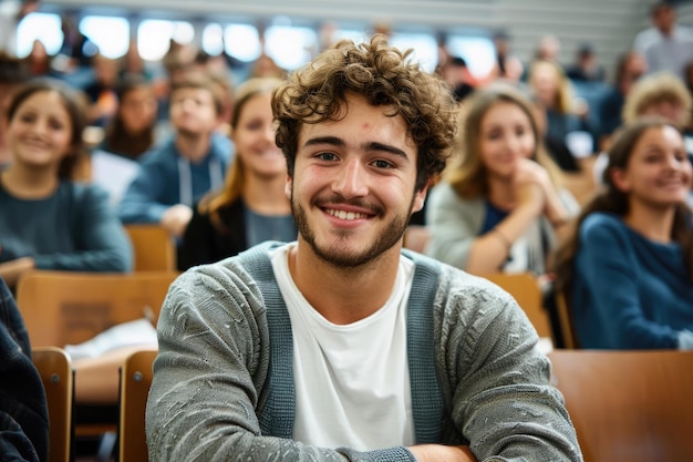 Confident young male student with glasses smiling in a crowded university lecture hall