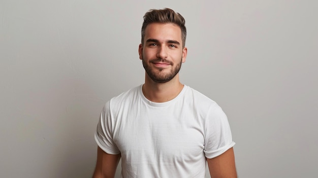 Confident Young Man in Casual White TShirt Smiling Against Neutral Background