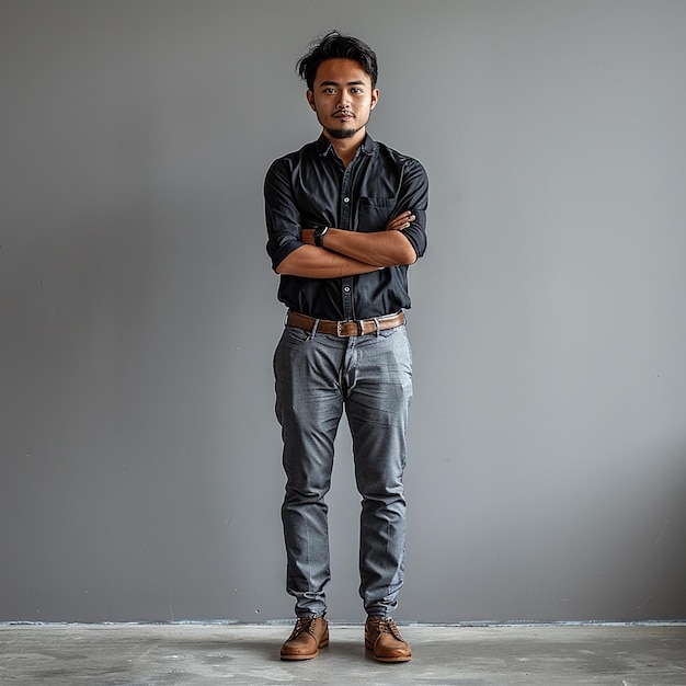 Photo confident young man in dark shirt and gray trousers with arms crossed