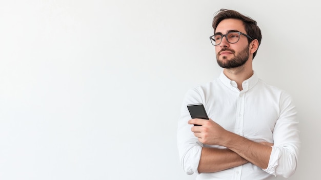 A confident young man in glasses and white shirt holding a smartphone standing against a white background looking thoughtful