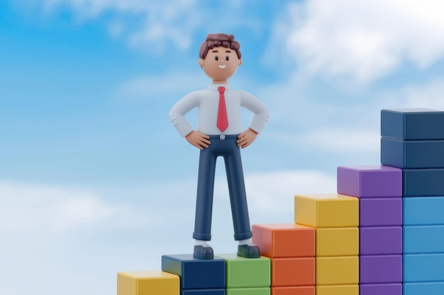 Confident Young Man Standing Tall on Colorful Building Blocks