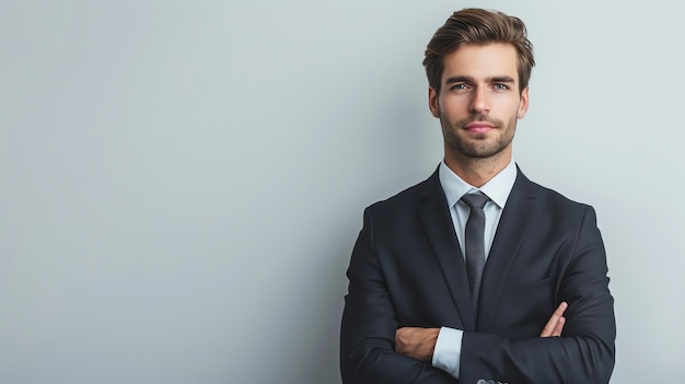 A confident young man in a suit with arms crossed stands in front of a grey wall