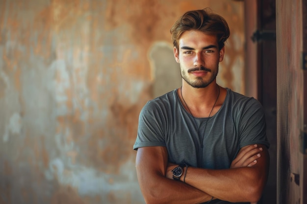 Confident young man with arms crossed and satisfaction