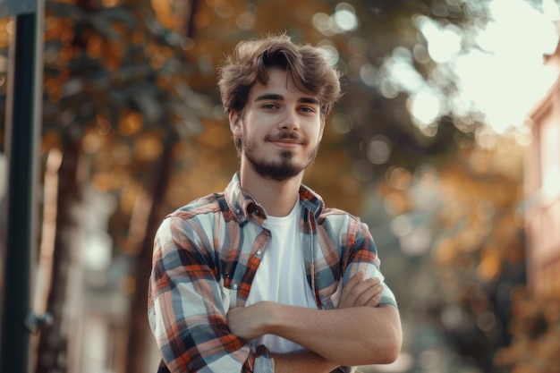 Confident young man with arms crossed and satisfaction