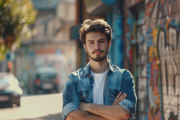 Confident young man with arms crossed and satisfaction