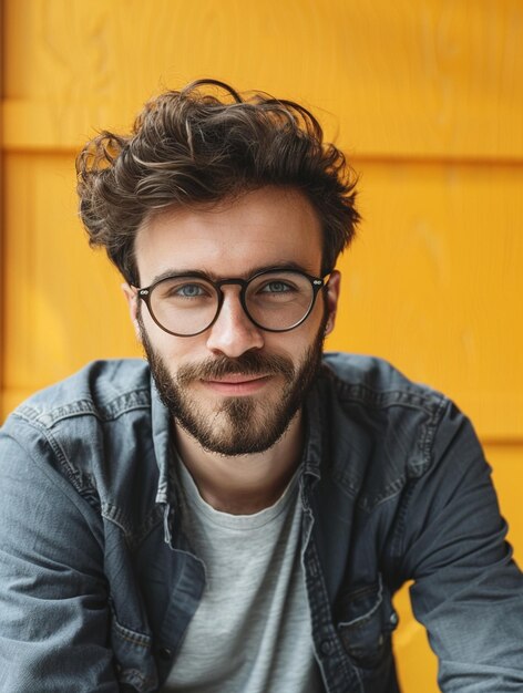 Confident Young Man with Glasses Against Vibrant Yellow Background