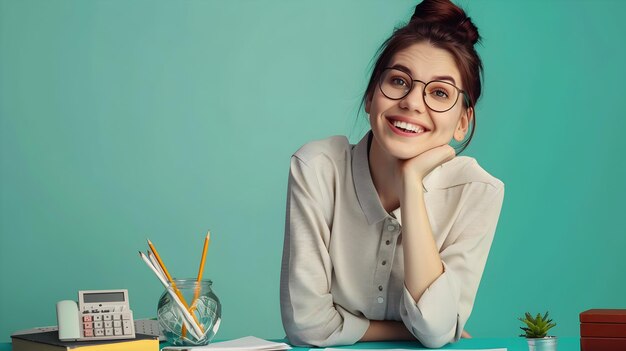 Photo confident young professional accountant at work with colorful office accessories