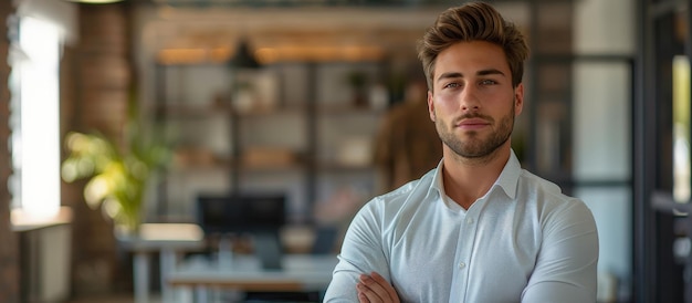 A confident young professional man with arms crossed standing in a modern office environment with shelves and plants in the background