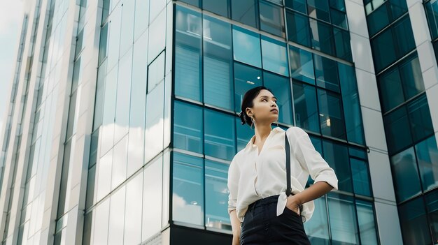 Confident young professional standing in front of modern glass office building on a sunny day