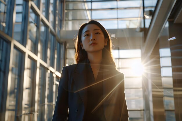 Photo confident young professional woman in sunlit modern office building with glass windows